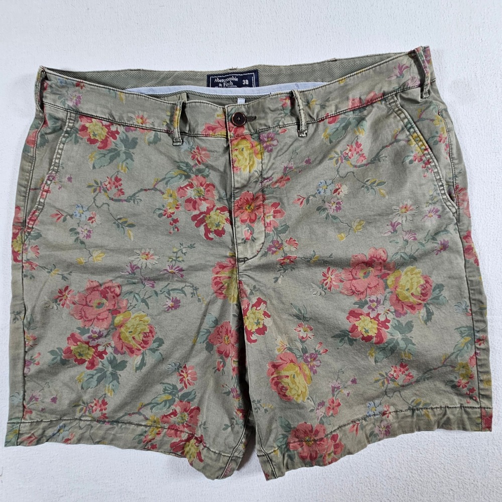 Abercrombie & Fitch Floral Chino Shorts Mens 38 Olive Green Stretch Cotton